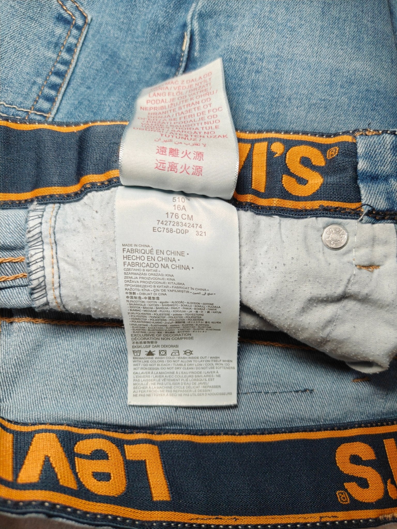 Boys Levi's 510 Light Blue Slim Mid Waist Age 16 L30 Jeans