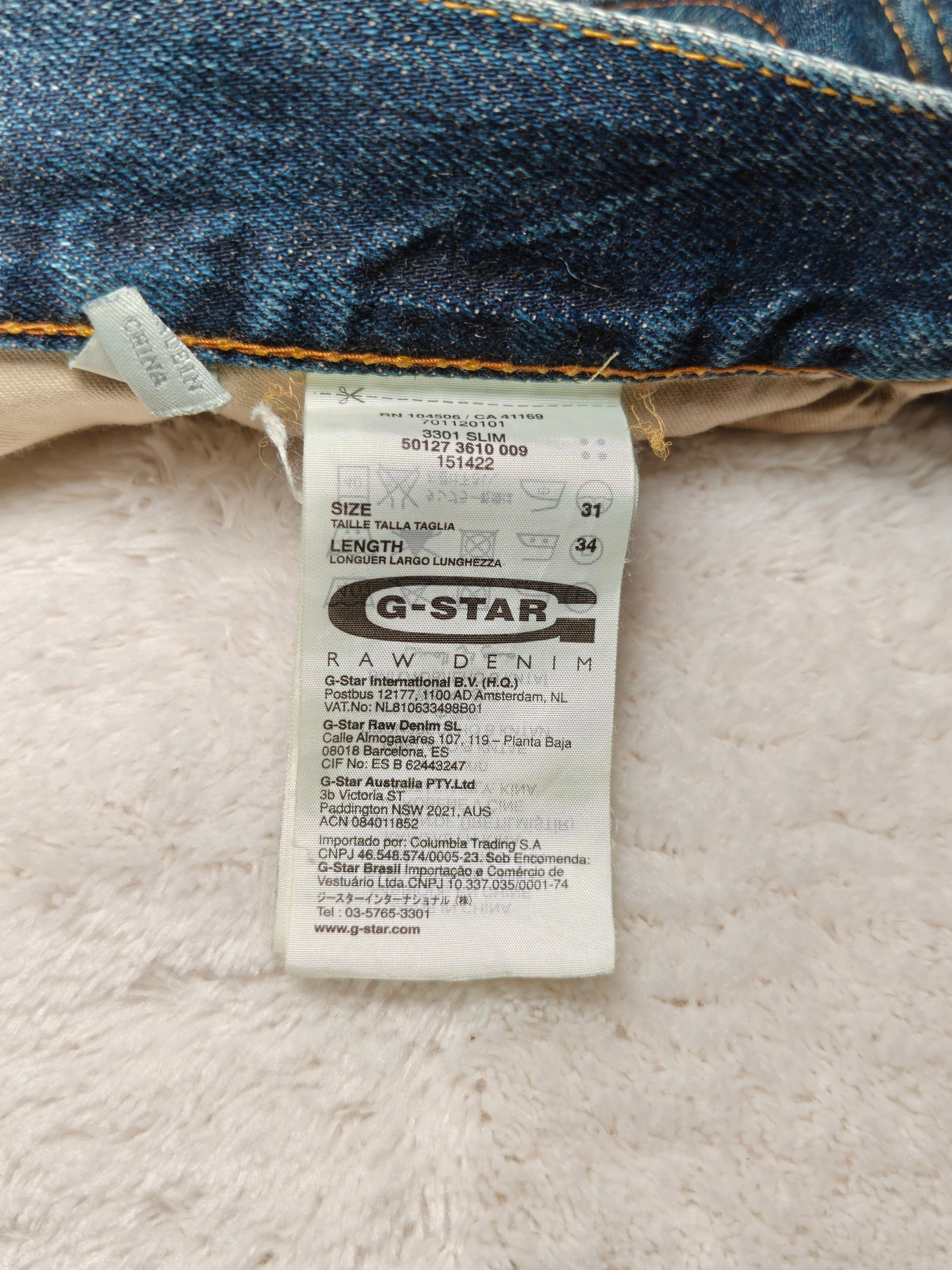 Men Y2K G-Star 3301 Blue Slim Mid Waist W31 L30 Jeans
