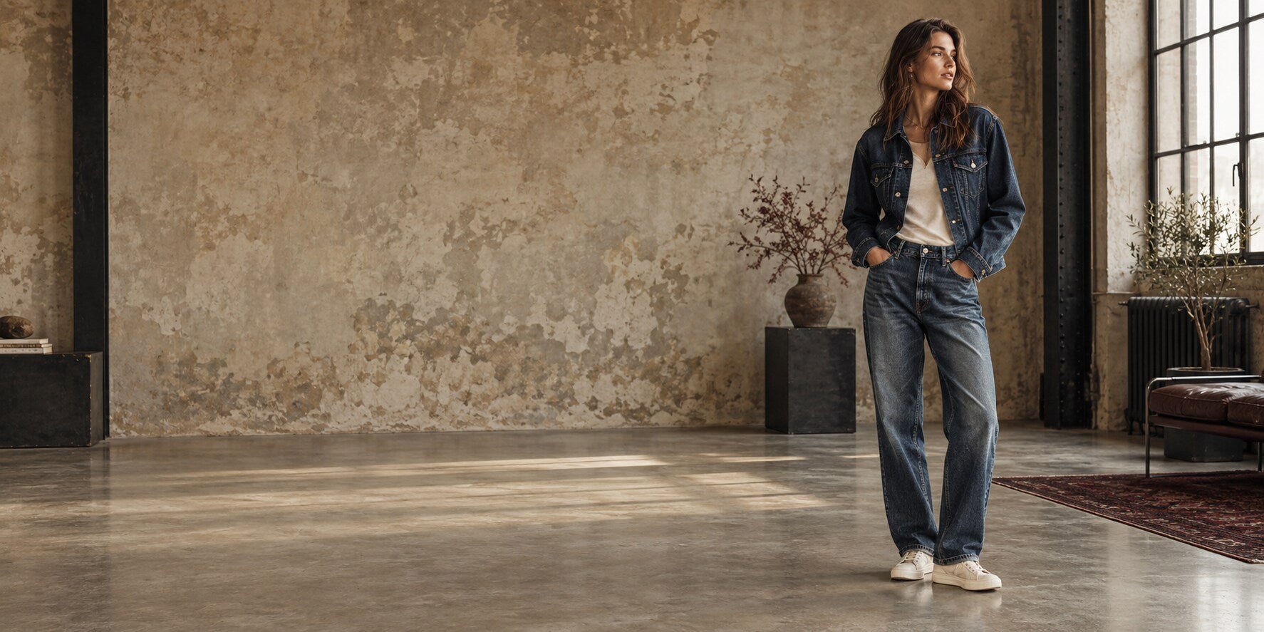 Woman wearing dark indigo vintage denim in an Antwerp studio